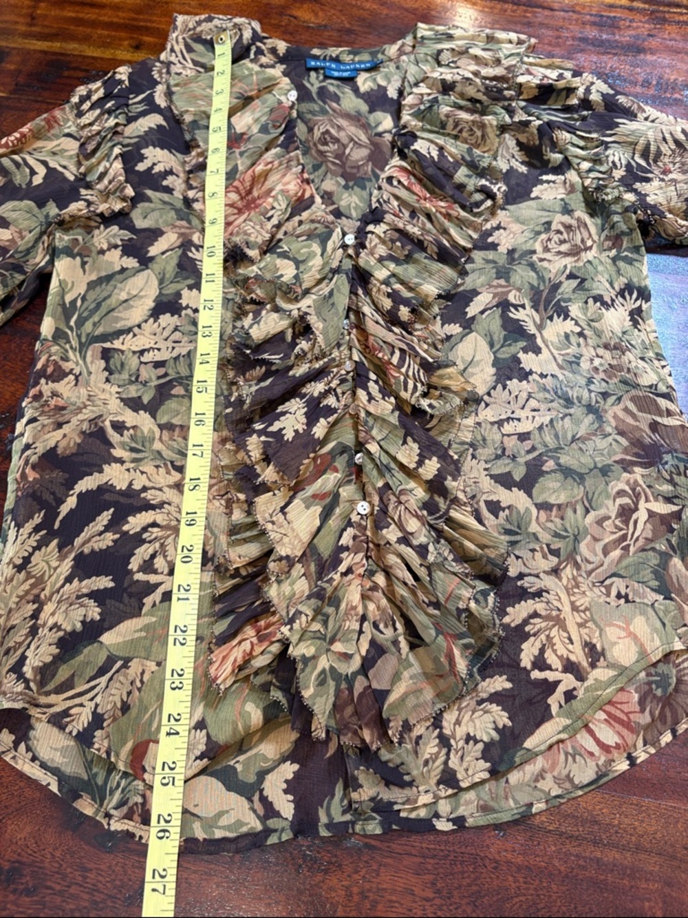 Vintage Ralph Lauren Silk Floral Sheer Ruffle Blouse size 10 - Picture 11 of 13